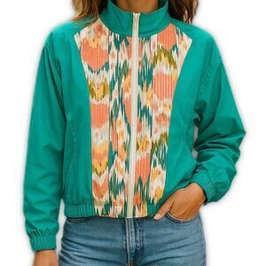 Blair Vintage 80s Windbreaker Jacket Ikat Zip Track Seafoam Green M